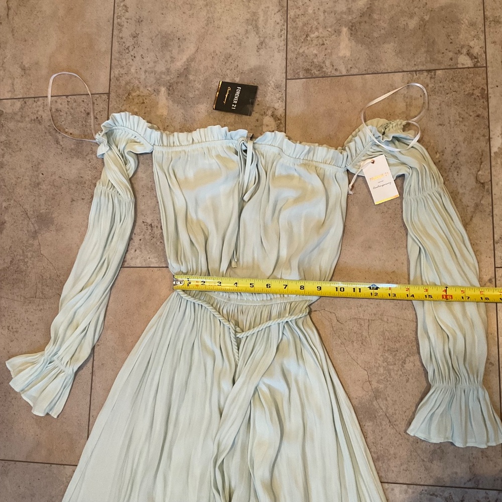 Forever 21 Long Sleeve Sheer Off The Shoulder Dress Sea Foam Green Gown Sz XS - Picture 8 of 13